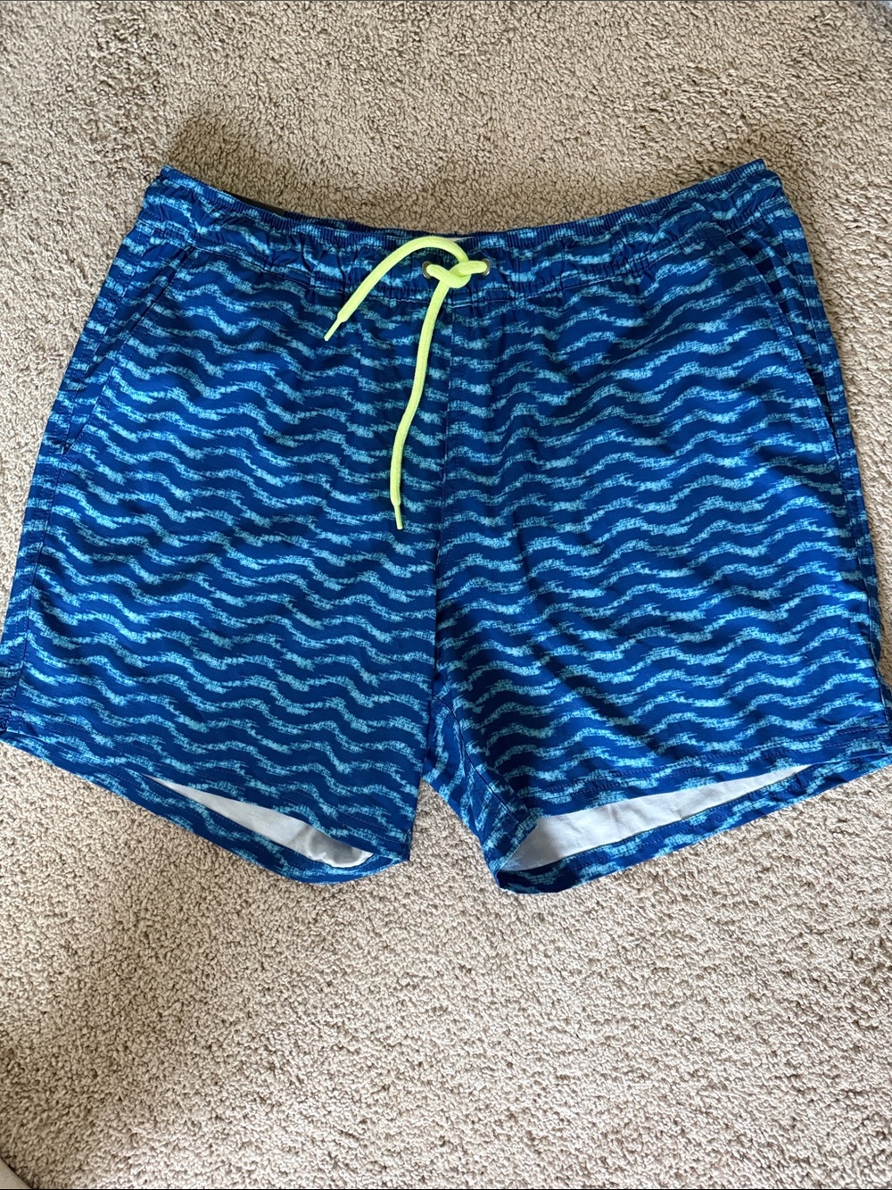 Men's Blue Wave Swim Trunks with Neon Drawstring